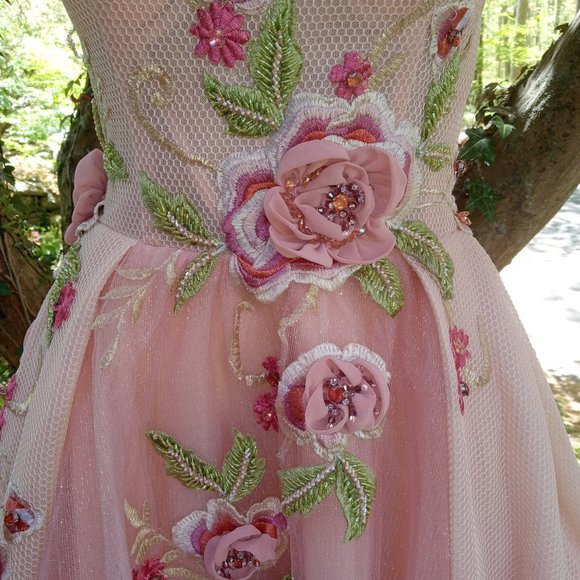 Floral Gown Off the Shoulder Straps Puffy A line Hand Made Floral Dress - Picture 4 of 10